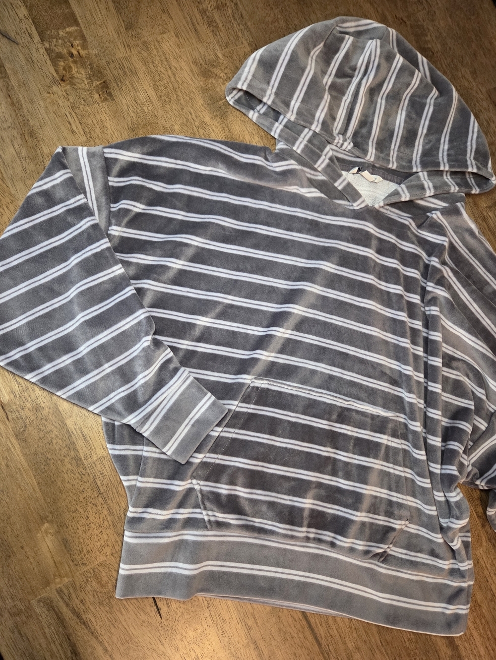 Velour Y2K Vibes Striped Gray & White Hooded Pullover